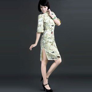 HAN Silk Velvet Bird Print Traditional Chinese Dress Green sz XS Women's